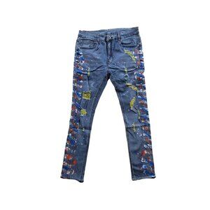 Shein  Size 34 Paint Splash Green Fiber Distressed Ripped Light Wash Jeans Blue